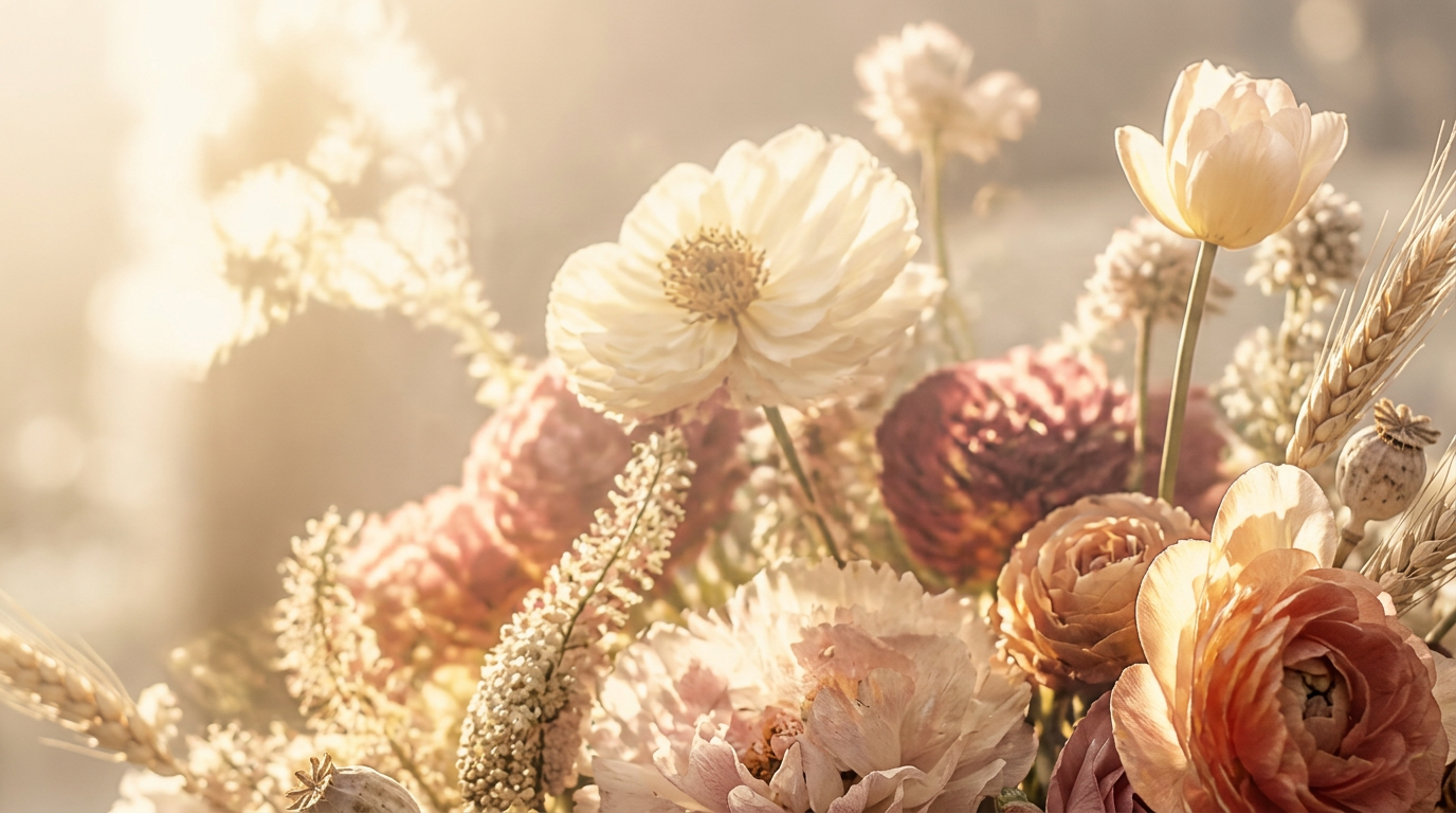 Farbenprächtiger Blumenstrauß im goldenen Sonnenlicht